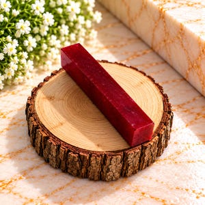 May include: A rectangular, deep red, semi-translucent stone block resting diagonally on a circular, light-coloured wooden slice with visible bark edges. The stone has a smooth, polished surface with subtle internal variations in its dark crimson colour.