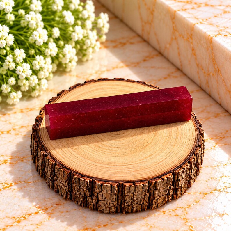 May include: A deep red, rectangular prism-shaped object with a smooth, translucent surface. The object is positioned horizontally on a circular wooden slice featuring visible tree bark edges and a light-coloured, textured wood grain top surface.