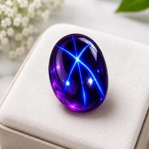 Puede incluir: Una piedra preciosa cabujón de forma ovalada en color púrpura intenso que presenta un prominente efecto de estrella de seis rayos azul brillante, conocido como asterismo. La piedra pulida muestra una superficie lisa y reflectante.