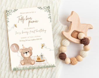 Teddy Bear Picnic 1st Birthday Invitation: Editable Woodland Party Invite (Digital Download)
