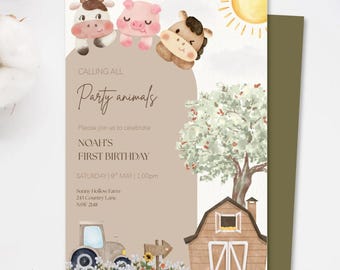 Farm Animal 1st Birthday Invitation: Rustic Barnyard Theme (Digital Download)