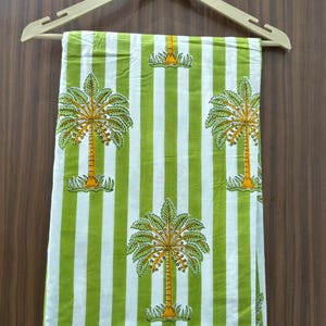Green Palm Tree Print Cotton Fabric – Hand Block Printed Striped Fabric by the Yard, Tropical Indian Fabric for Sewing, Dressmaking & Crafts