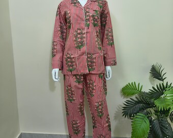 Red Stripe Floral Cotton Pajama Set, Hand Block Print Loungewear