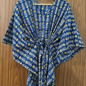Handmade Indigo Blue Kaftan Dress | Block Print Cotton Lounge Wear | Boho Maxi Dress | Floral Printed Resort Wear | One Size Fits Most