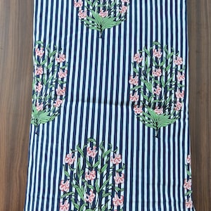 Navy Floral Stripe Cotton Fabric: Pink Flowers, Quilting & Dressmaking
