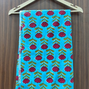 Bright Floral Hand Block Printed Cotton Fabric – Turquoise Blue Fabric with Red Flowers & Green Leaves – Indian Craft Fabric by the Yard