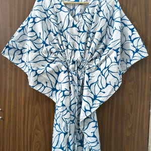 White and Blue Leaf Print Cotton Kaftan Dress | Hand Block Printed Lounge Wear | Boho Maxi Dress | Summer Resort Wear | One Size Fits Most