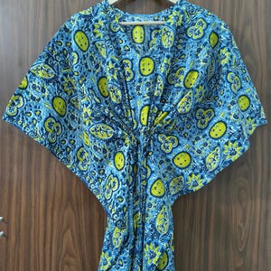 Boho Cotton Kaftan Dress – Hand block Printed Blue & Yellow Loungewear | Free Size Summer Beach Cover Up