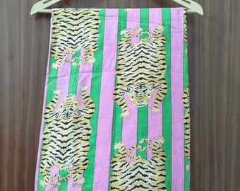Tiger Print Cotton Fabric: Pink & Green Striped Handloom Textile