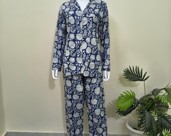 ブロックプリントコットンパジャマセット、ネイビーブルーの花柄パジャマ、手作りナイトスーツ