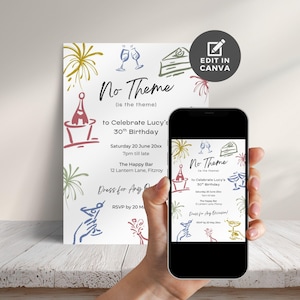 May include: A white invitation with the text "No Theme" and party-themed illustrations. The invitation is for Lucy's 30th birthday, with the date, time, and location details. A smartphone displays the same invitation.