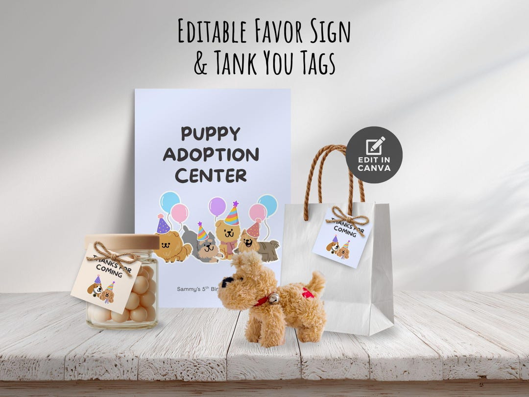 Adopt a Puppy Party Favor Tags, Thanks Sign, Pet Adoption Party, Boys ...