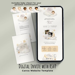 May include: A digital baby shower invitation template displayed on a smartphone and two printed cards. The design features watercolor clouds, stars, a crescent moon, and sleeping babies. Text includes "Heaven Sent Baby," event details, RSVP fields, and a countdown timer.