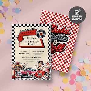 May include: Retro-themed birthday party invitations with a red and black checkered pattern. The invitation features a jukebox, classic car, and a woman in a poodle skirt. Text includes "Betty's Birthday Bash" and "Shake, Rattle & Roll."