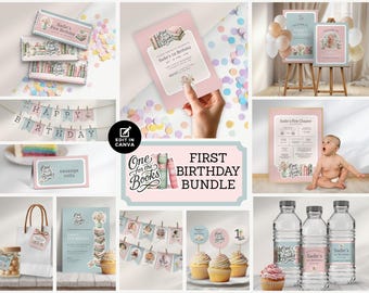 One For The Books Birthday Bundle, Editable Canva Templates, Invitation, Banner, Welcome Sign, Digital Evite, 1st Birthday, Girl, M0010