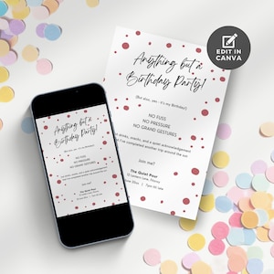 May include: A smartphone displays a birthday party invitation with the text "Anything but a Birthday Party!" next to a printed invitation. Both feature red polka dots and the text "No Fuss, No Pressure, No Grand Gestures."
