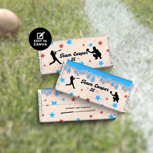 May include: Three baseball-themed candy bar wrappers with a baseball in the background. The wrappers feature a baseball player silhouette, red and blue stars, and the text "Team Cooper 25". One wrapper has a blue drip design.