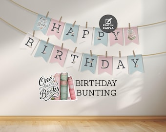 May include: A birthday bunting banner spelling out "HAPPY BIRTHDAY" on alternating pink and pale blue pennants, secured with small wooden pegs. The image also features a sticker with the text "One for the Books" and the words "BIRTHDAY BUNTING".