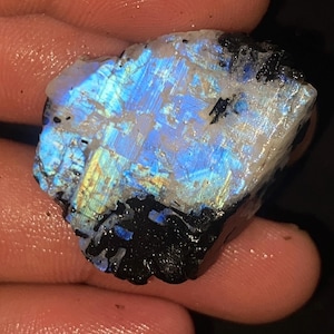 May include: A raw, irregular piece of moonstone featuring a prominent blue adularescence across its crystalline surface. The stone displays a mix of translucent white and iridescent blue flashes, contrasted by patches of opaque black mineral inclusions.
