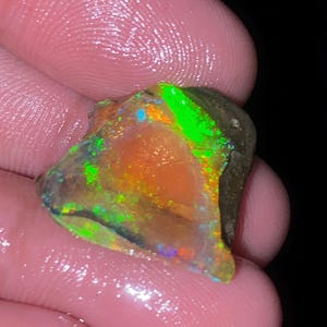 May include: A raw, unpolished opal gemstone featuring a vibrant play-of-colour with intense flashes of neon green, bright orange, and subtle blue hues set against a translucent, semi-clear base with a rough, dark, and textured natural rock edge.