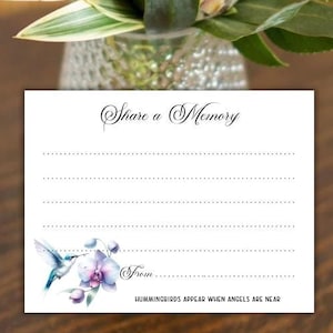 Funeral Share a Memory Note Cards, Hummingbirds Appear Script Celebration of Life Memorials