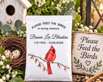 Personalized Funeral Cardinal Bird Seed Packet Favors, Memorial Celebration of Life Gift