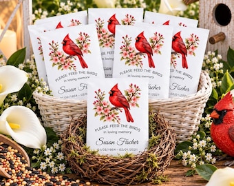 Personalized Memorial Birdseed Favors for Funeral or Celebration of Life, Custom Cardinal Design