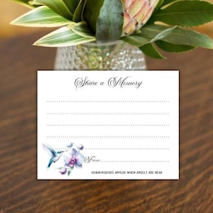 Funeral Share a Memory Note Cards, Hummingbirds Appear Script Celebration of Life Memorials