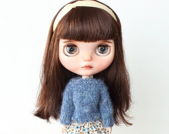 Handgefertigtes Blythe Doll Outfit, Strickpullover, Floraler Rock, Haarband