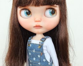 Handmade Star Print Denim Overalls & Shirt, Blythe Doll Outfit