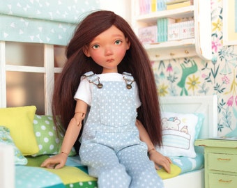 Handmade Blythe Doll Outfit, Star Print Denim Overalls, 2-Piece Set