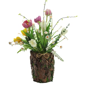 Verlicht bloemstuk met lentetulpen en madeliefjes in een pot van natuurlijke boomschors, verzwaarde bosdecoratie, Moederdagcadeau, nachtlampje met kunstbloemen