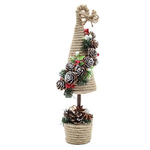 May include: A festive Christmas tree ornament crafted from rope, featuring pine cones, red berries, and foliage. The tree is cone-shaped, topped with a bow, and rests on a rope-bound base. A delightful seasonal decoration.