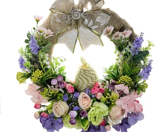 Corona de Pascua de 35 cm para puerta de entrada, corona floral primaveral de arpillera con detalles dorados, decoración para el hogar con flores pastel, regalo de Pascua ucraniano hecho a mano.