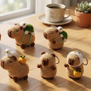 May include: A selection of handmade crochet keyrings featuring capybara designs. Each keyring is a light brown colour with dark brown accents, and some have small animal or fruit accessories. The keyrings are displayed on a wooden surface.