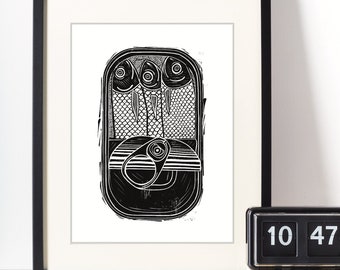 Tin Of Sardines/Black & White Linocut Style Giclee Print (A4/Unframed)