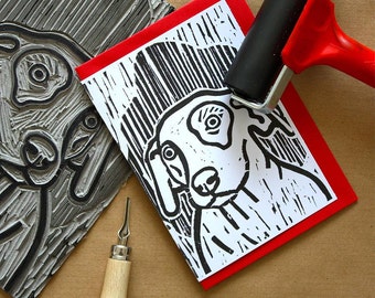 Linocut Print Dog Portrait Greetings Card