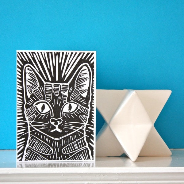 Lino cut Black Cat Portrait Greetings Card