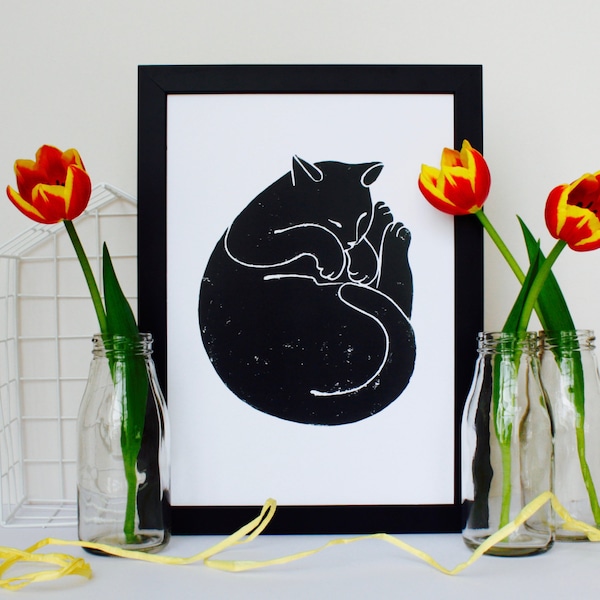 Sleeping Black Cat Linocut Print (A4/Unframed/Signed)