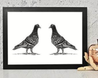 Pigeon Bird Pair Linocut Art Print ( A4/ Unframed/ Black & White)