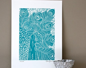 Peacock Linocut Art Print (A4/Unframed/Signed)
