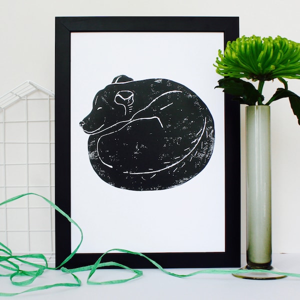 Sleeping Dog Linocut Art Print (A4/Unframed/Signed)