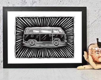 Campervan Black & White Linocut Art Print (A4/unframed)