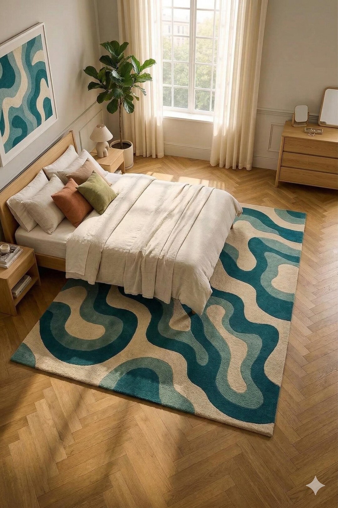 Hand Tufted Wool Wavy Abstract Rug - Teal Blue Cream Fluid Wave Pattern ...