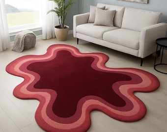 Retro Wavy Red Rug, Irregular Funky Blob Rug, 70s Aesthetic Tufted Area Rug, Groovy Bedroom Decor, Maximalist Decor