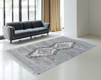 Handgemaakt blauw geometrisch wollen tapijt, tribal zuidwestelijke kelim vloerkleed voor woonkamer, modern boho interieur vloerkleed aangepast formaat 8 x 10