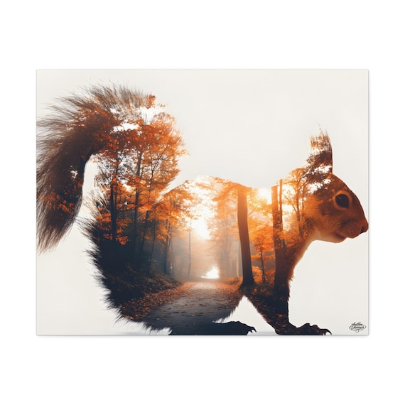 Squirrel silhouette with autumn forest and glowing path – Minimalist nature canvas | Nature wildlife wall decor  61 cm × 76 cm