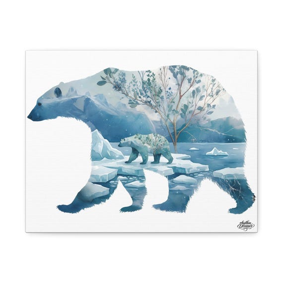 Polar Bear Silhouette with Arctic Landscape – Minimalist Nature Canvas Wall Art | 28 cm × 35 cm / 30 cm × 40 cm / 45 cm × 61 cm