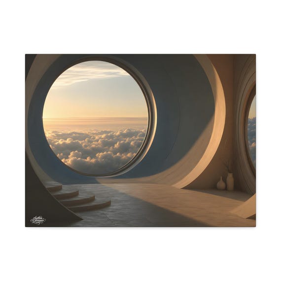 Canvas wall art circular window above the clouds – minimalist beige decor modern living room. Available in 45 cm × 61 cm / 61 cm × 76 cm.