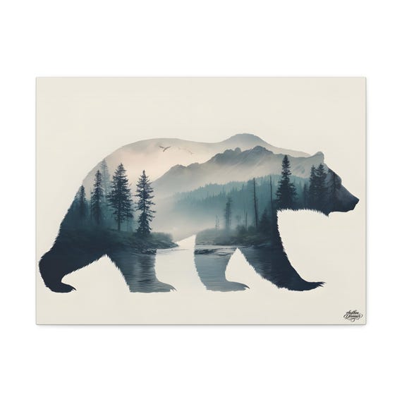 Bear silhouette with mountain, forest and river – Minimalist nature wall art | Wild wall decor 45 cm × 61 cm